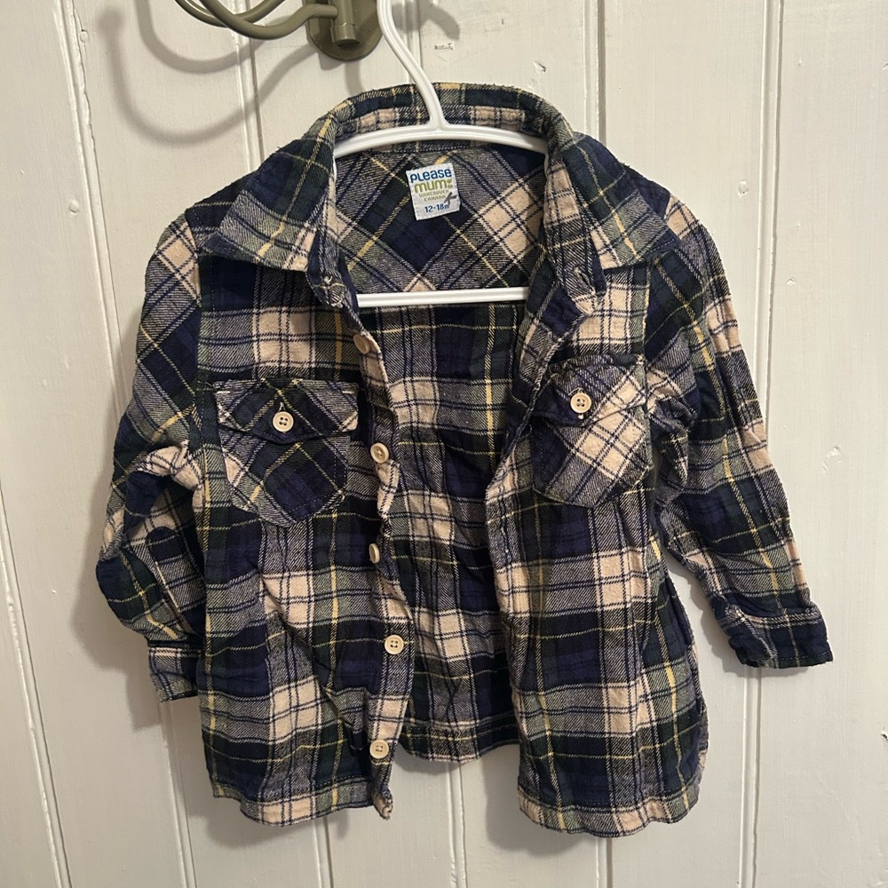 Please mum 12/18m Blue and Cream Plaid button up flannel Shirt